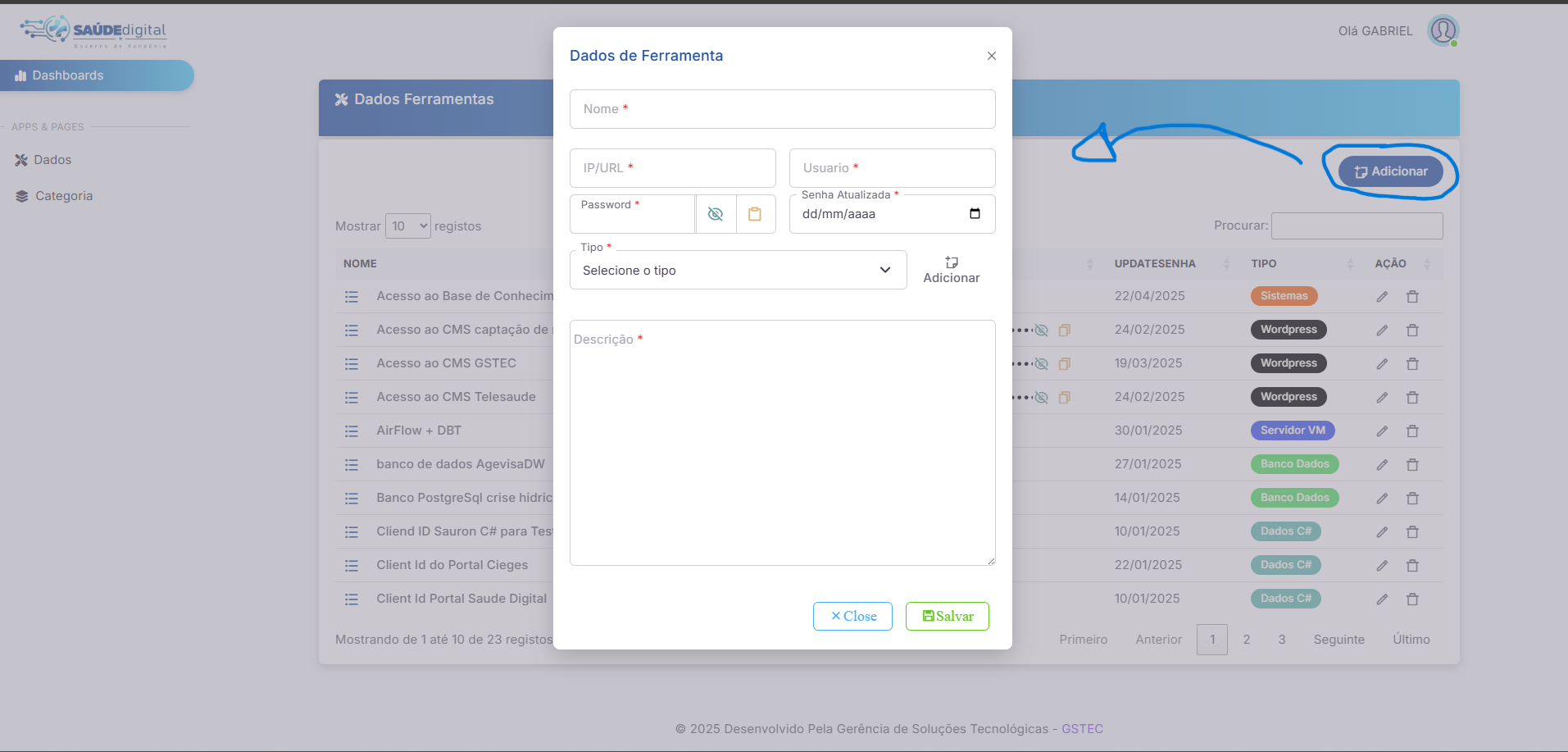 Sistema Controle Senha - Adicionar dados